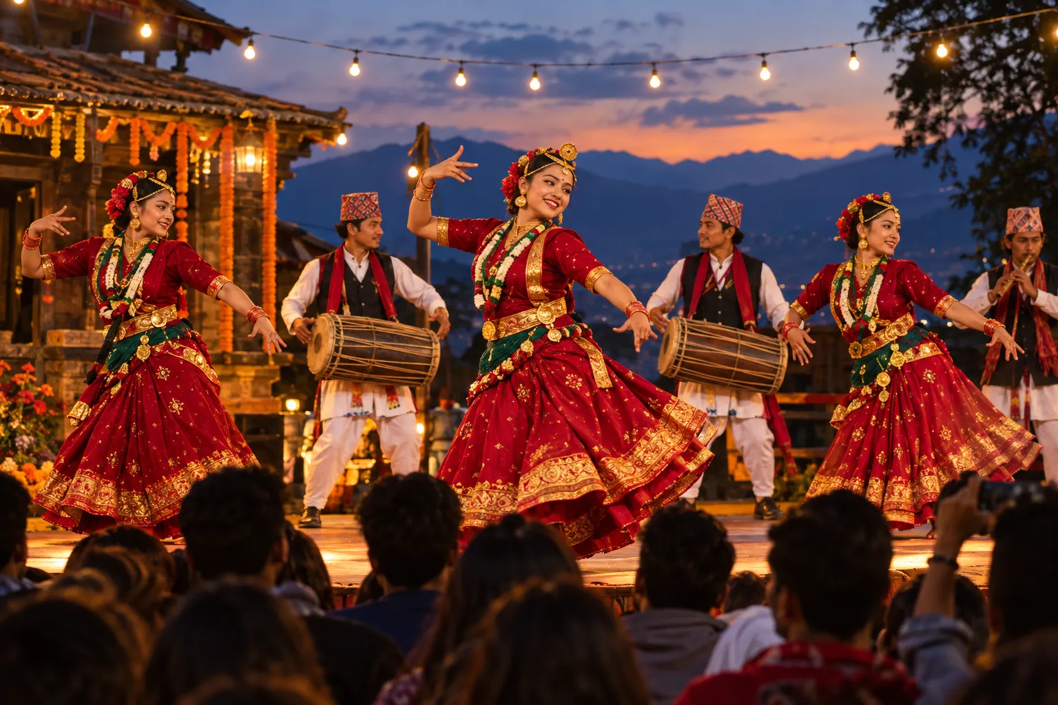 Illustration of a Nepali folk performance under string lights at dusk