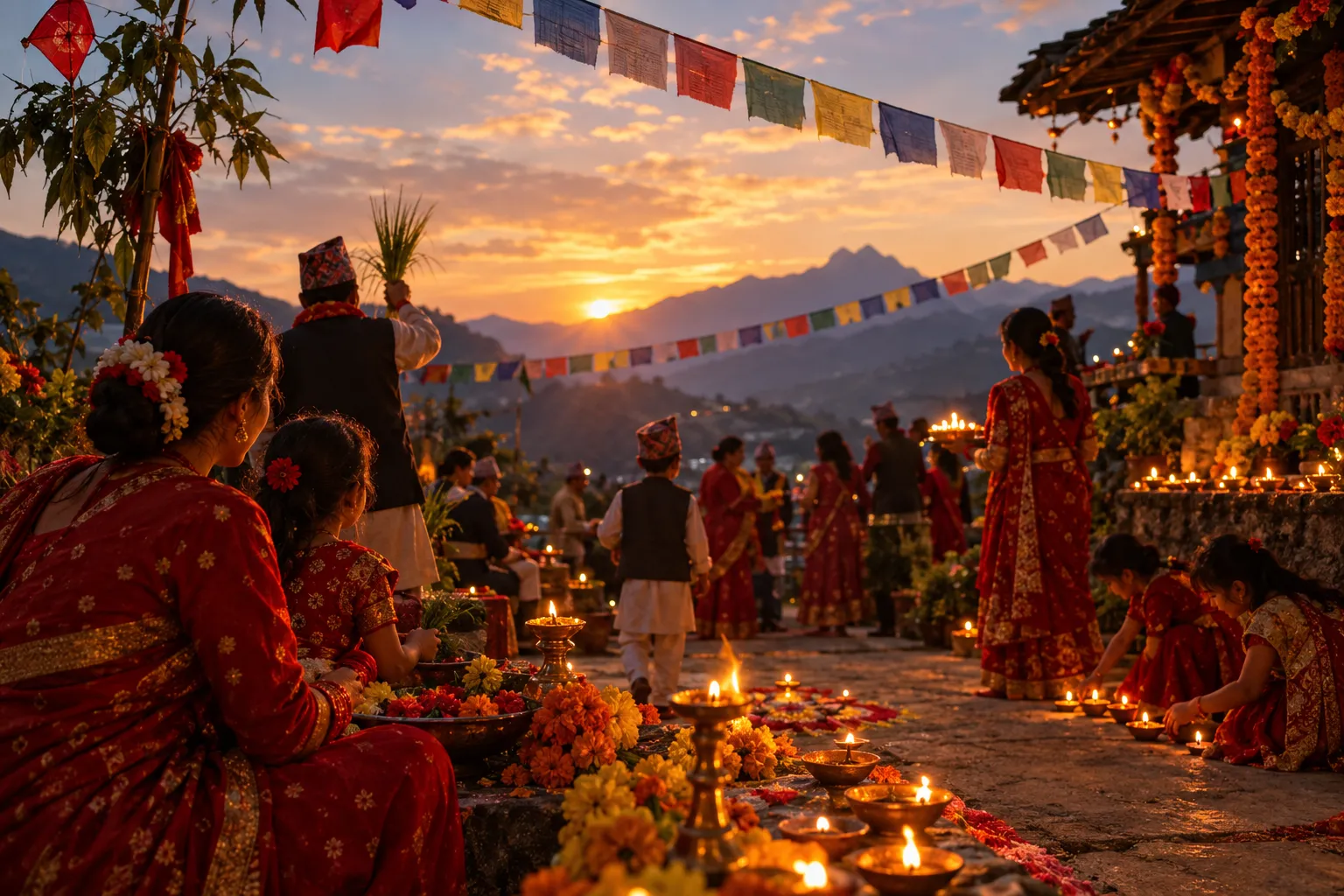 Illustration of families celebrating Dashain and Tihar with oil lamps, marigold garlands, and prayer flags at sunset