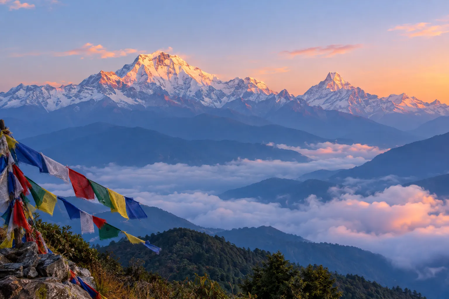 Illustration of Himalayan peaks at sunrise with prayer flags
