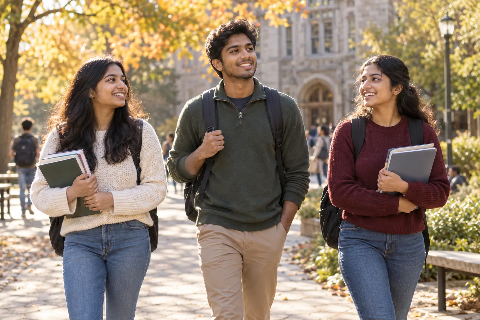 Illustration of college students walking across a sunlit campus